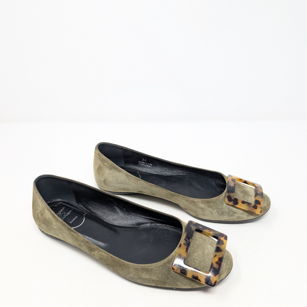 Roger Vivier Gommette Green Suede Tortoise Shell Ballet Flats Buckle Size 36